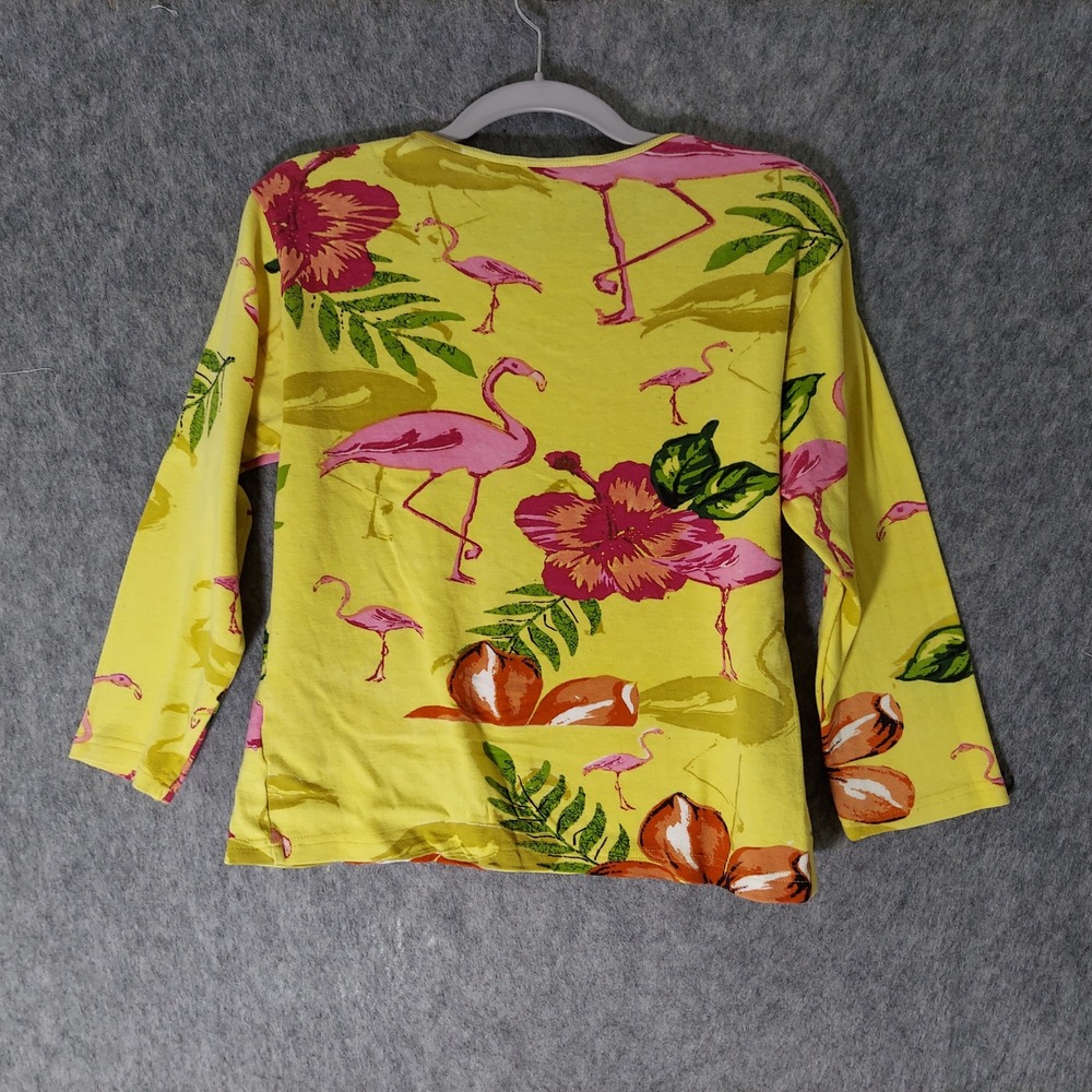 VTG Jane Ashley 100% Cotton Top S Petite Yellow Tropical Flamingo Embellished - Picture 5 of 7